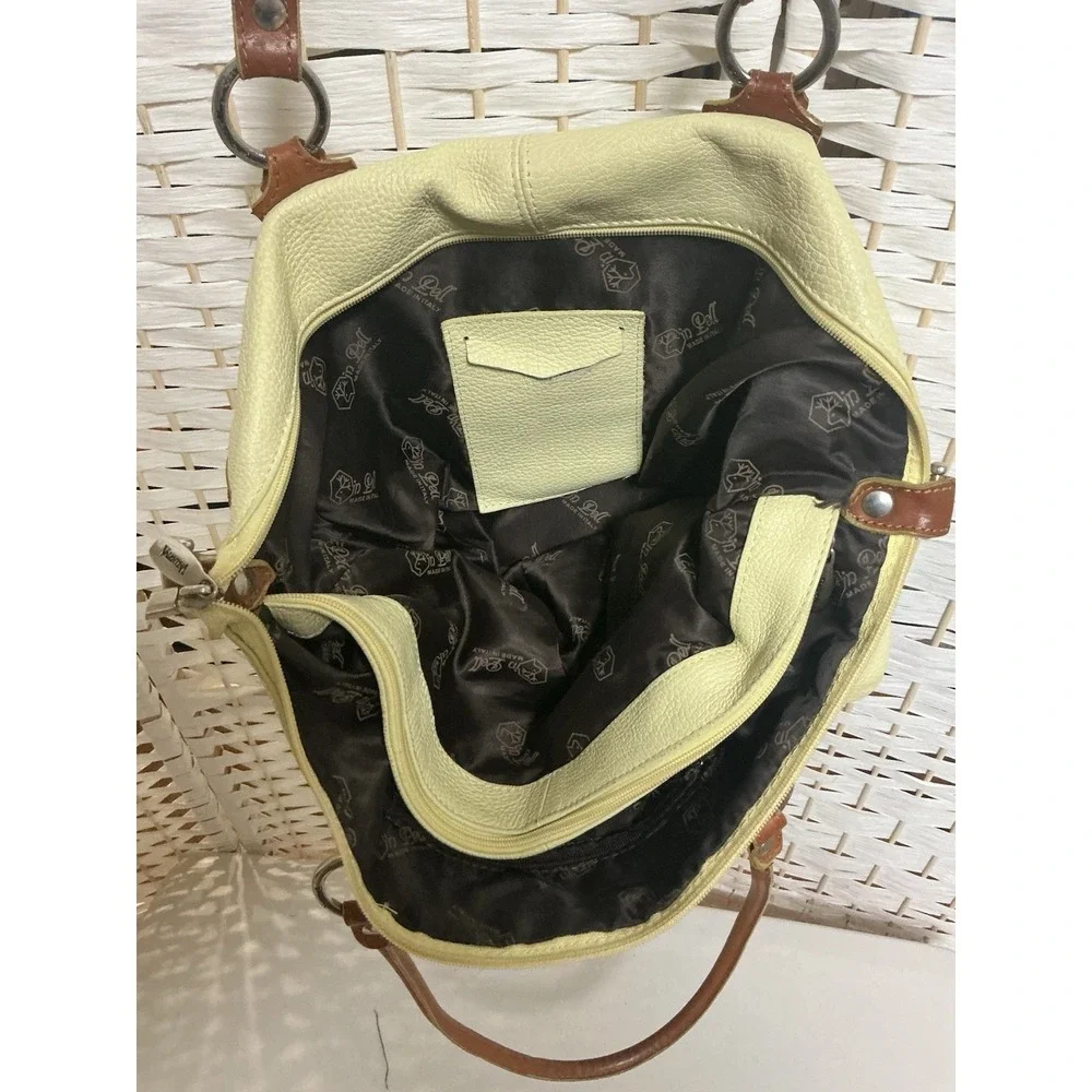 Valentina Made in Italy Yellow Pebbled Leather Handbag Brown Trim Satchel Purse